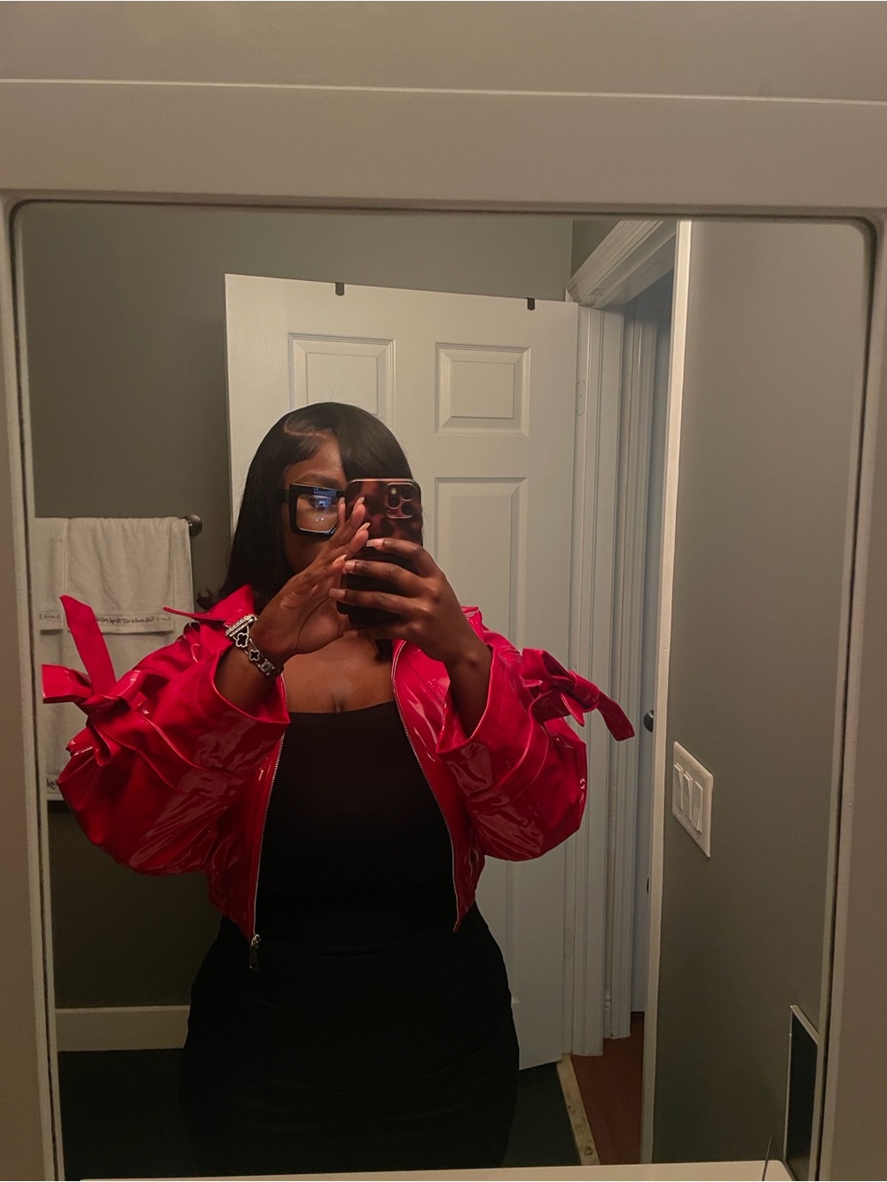 Glossy Red Bow-Detail Bomber Jacket